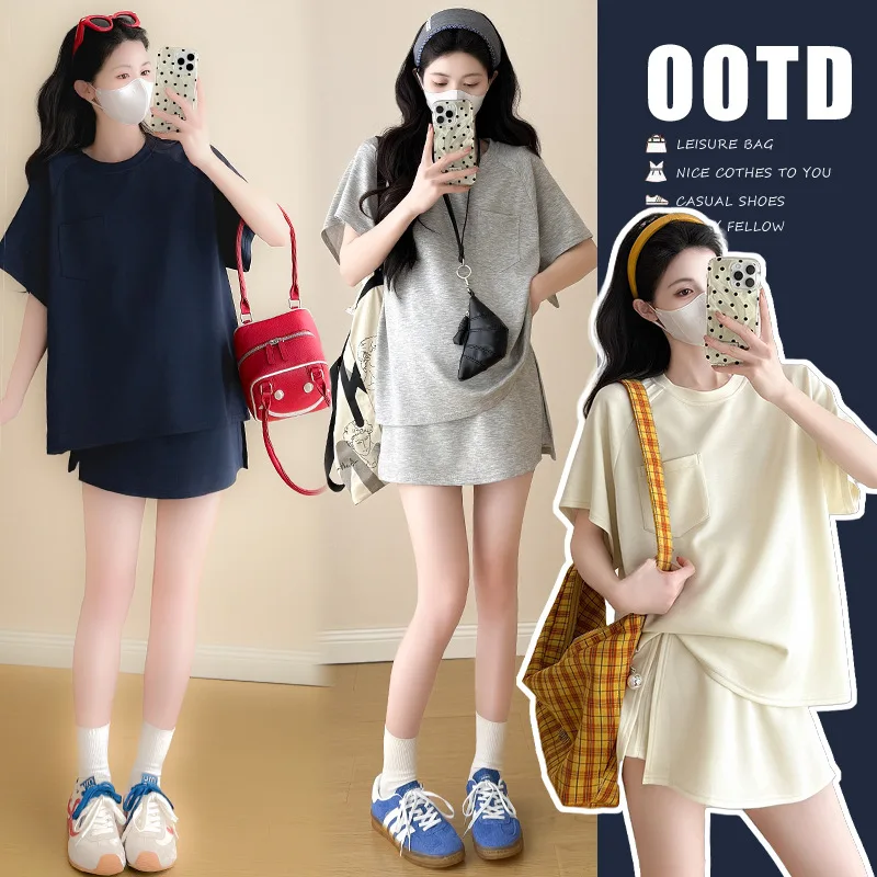 

Fashionable Maternity Summer Set Korean Sport Chic Short Sleeve Tee with Matching Skirt Comfortable for Pregnant Women