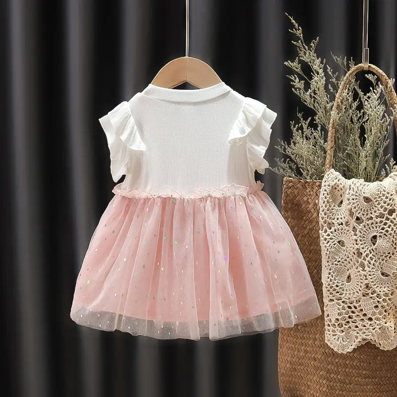 (9 Months -3 Years Old) Summer New Sweet Bow Baby Girl Princess Dress Korean Style Fake Two Children\'S Clothes