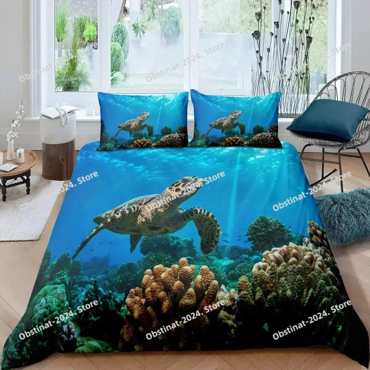 Top Sea Turtle Duvet Cover King Size Shark Bedding Set,Ocean Animals Bed Set,Tortoise and Coral Print Polyester Comforter Cover
