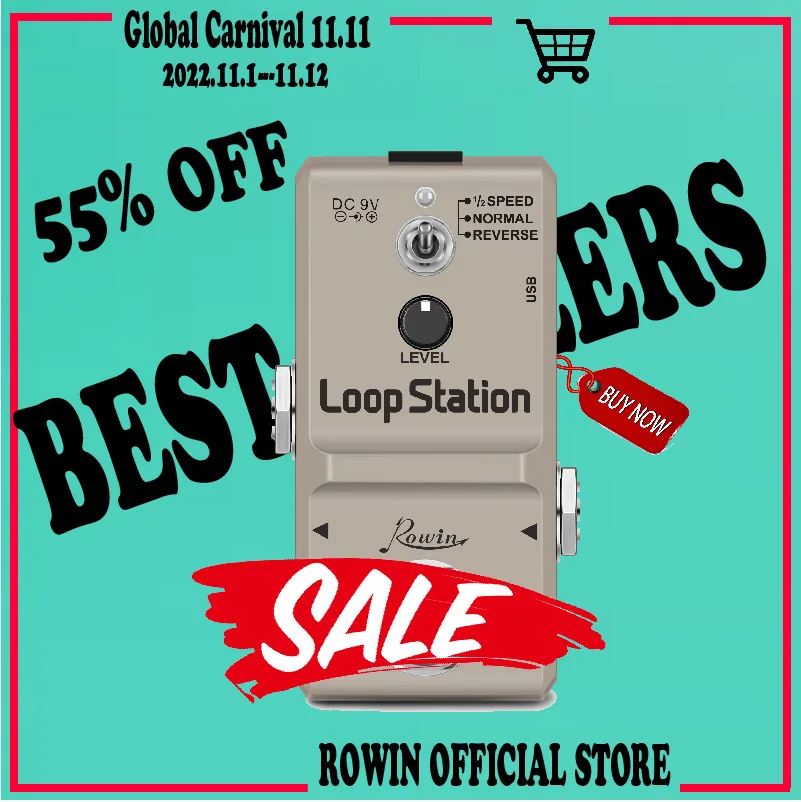 Rowin LN-332S Loop Station 48K Looper Pedal Unlimited Overdubs 10 Minutes of Loop, 1/2 time, Reverse Full Metal Case True Bypass