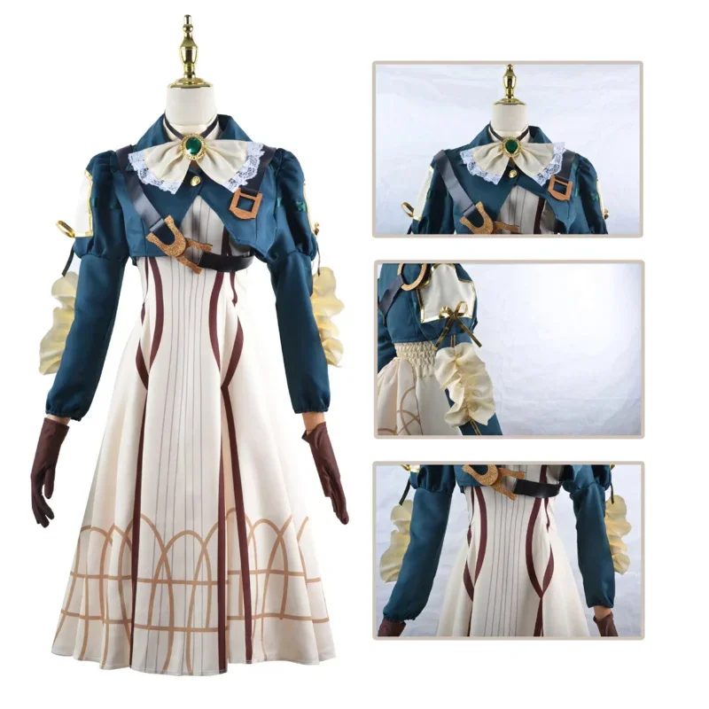 女性のためのバイオレットエバーガーデンのコスプレ衣装、アニメのハロウィーンの衣装、トップドレス、手袋