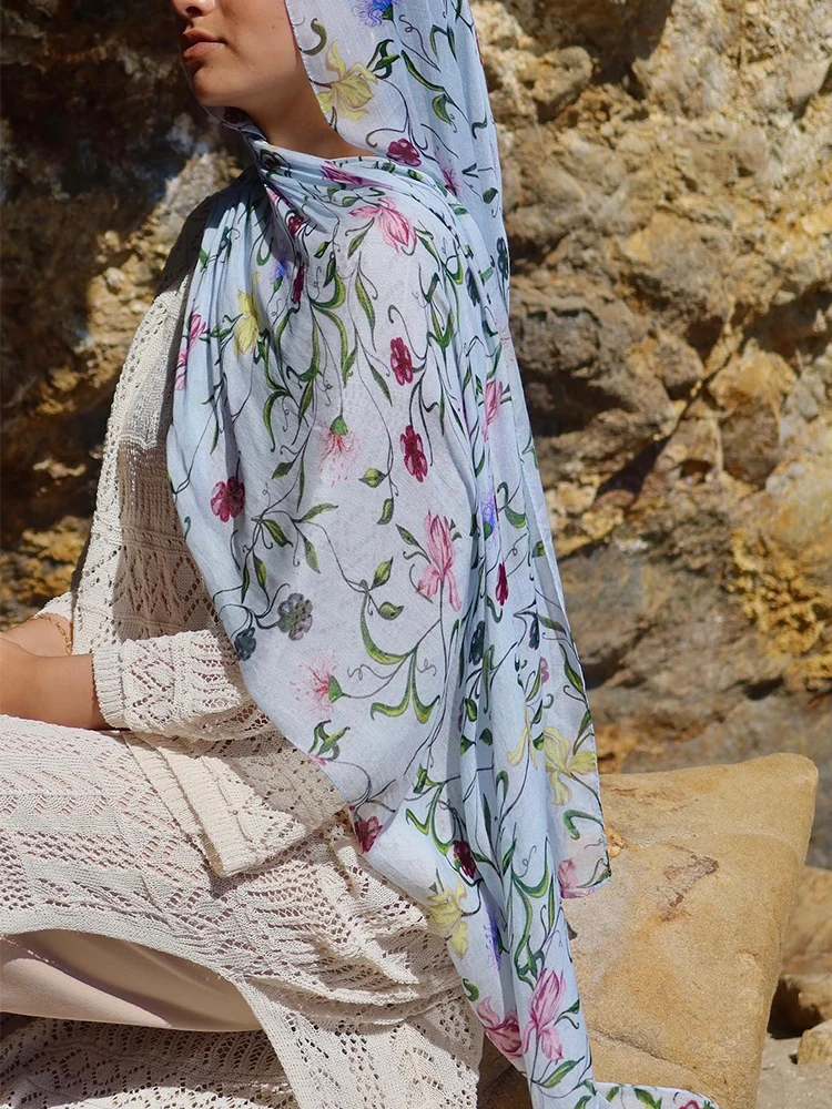 

Рамадан хиджаб для женщин богемный шаль с цветочным принтом акварельные мягкие мусульманские хиджабы легкий шарф с запахом головной платок летний пляж