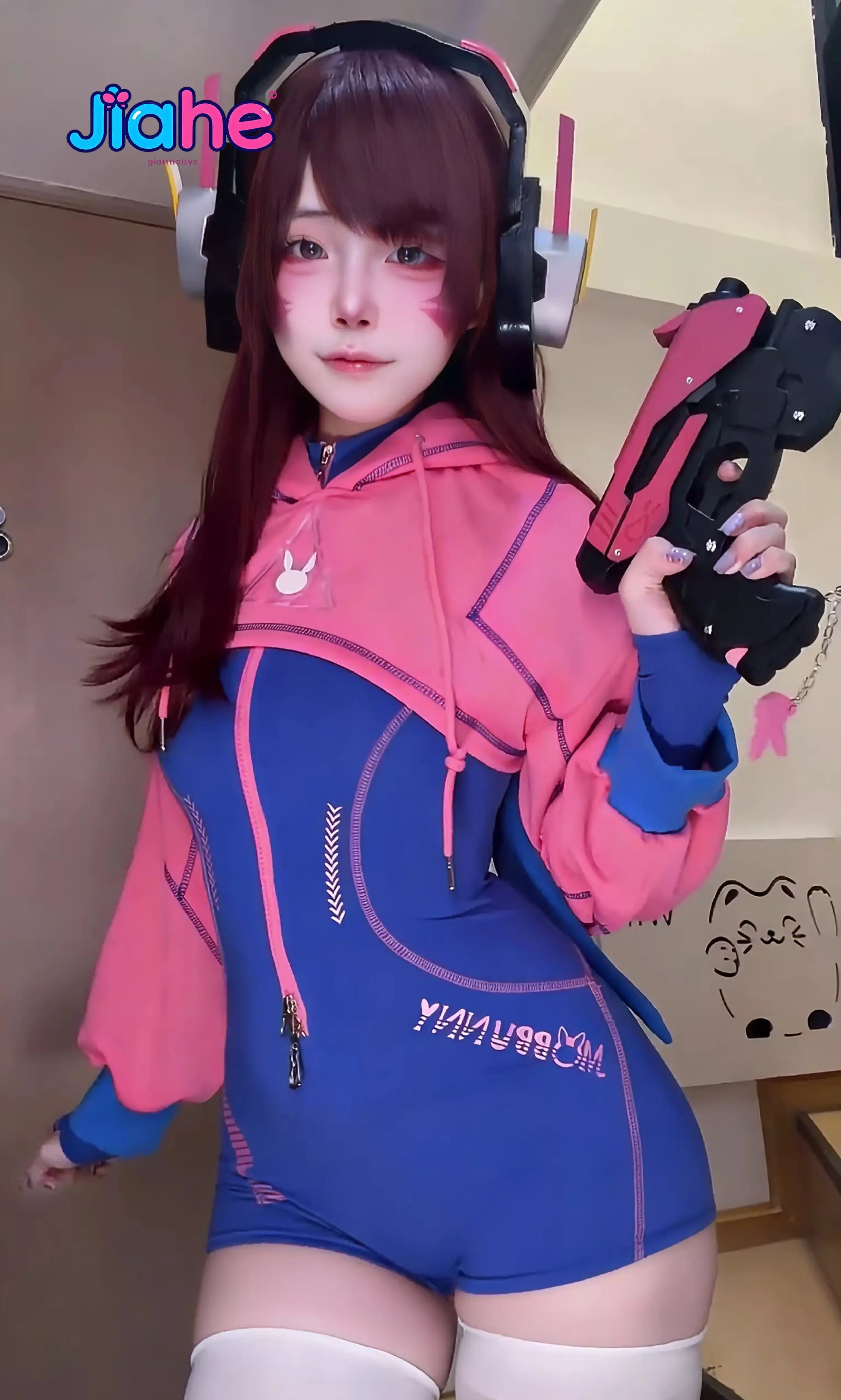 In stock D.Va Overwatch Cosplay Costume Women's Man Sweet Rabbit Hoodie jumpsuit Halloween Carnival casual daily D.Va suit view 2