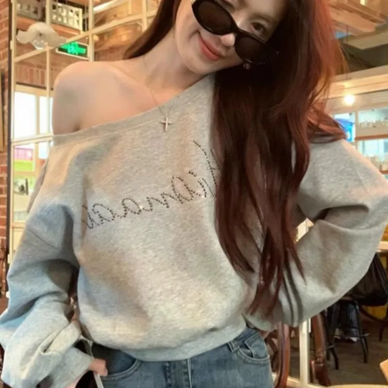 Skew Neck T-shirts for Women All-match Young Girls Casual Sexy Off Shoulder Spring Autumn Tees High Street Simple Solid Niche