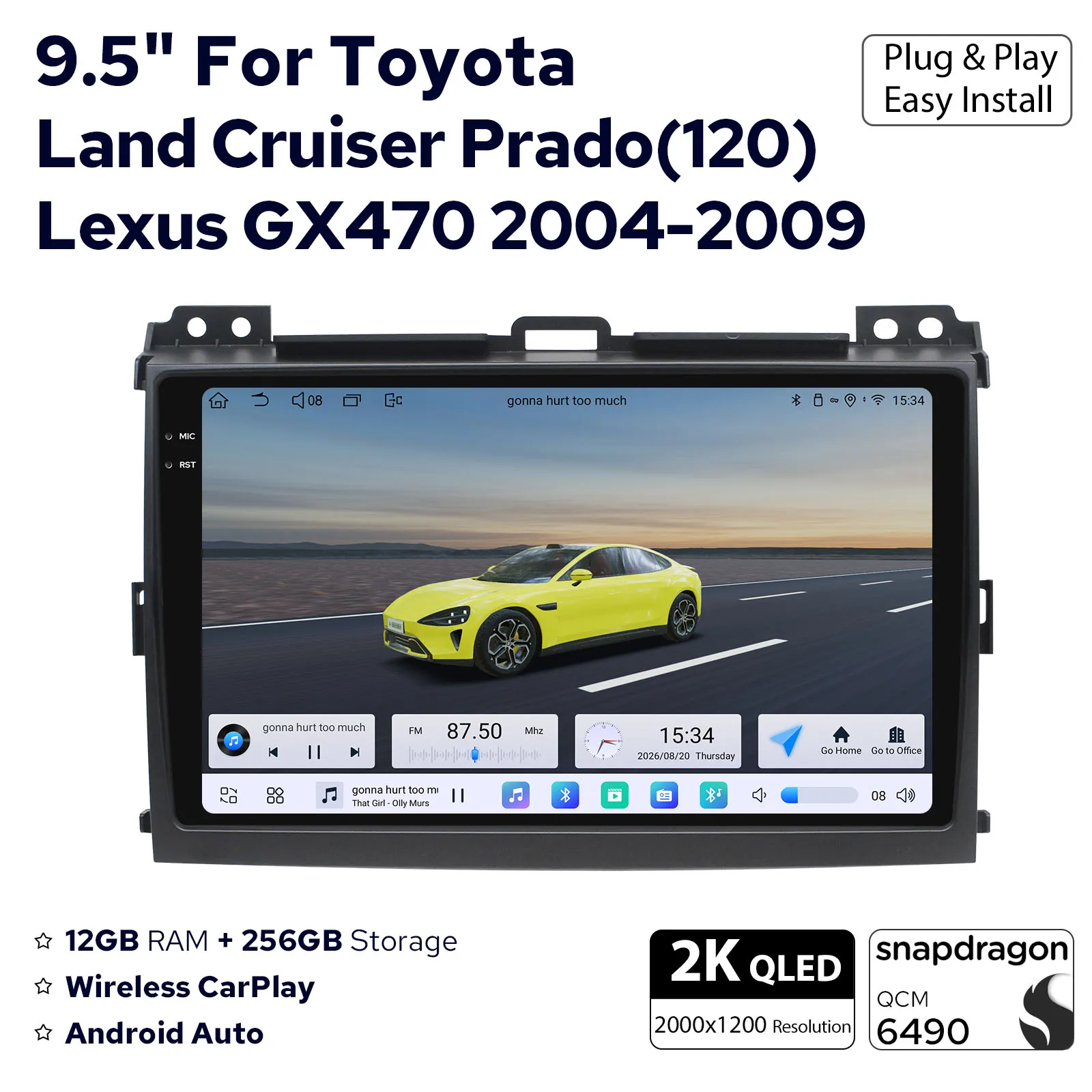 9.5 Inch Android Car Stereo for Lexus GX470 2004-2009 Wireless CarPlay Android Auto For Toyota Land Cruiser Prado 120 Head Unit