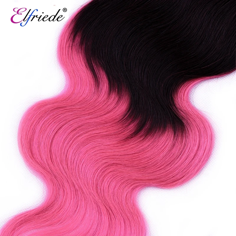 Elfriede Ombre 1B/Pink Body Wave Hair Bundles with Closure Colored Human Hair Weaves 3 Bundles with Transparent Lace Closure 4x4