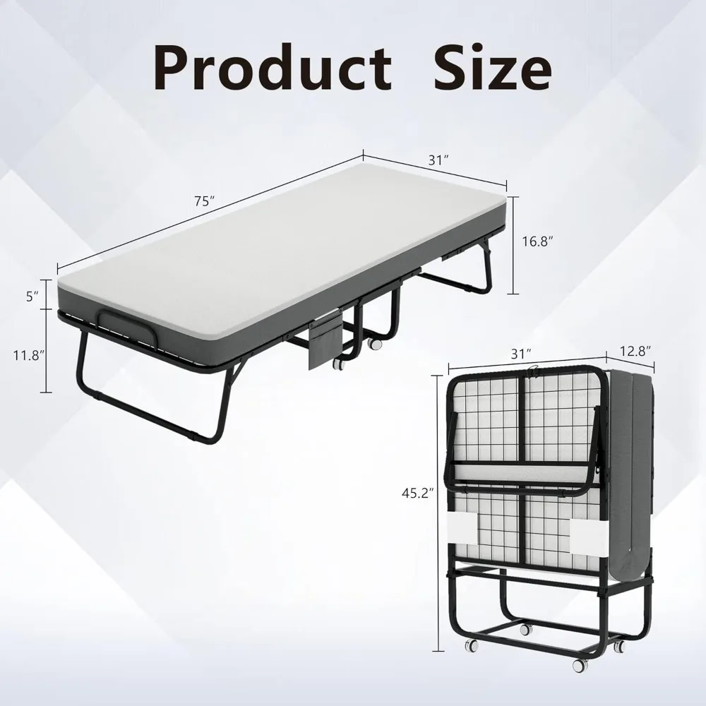 Folding Bed with Mattress, Upgraded 5" Memory Foam Mattress Portable Foldable Guest Bed for Adults