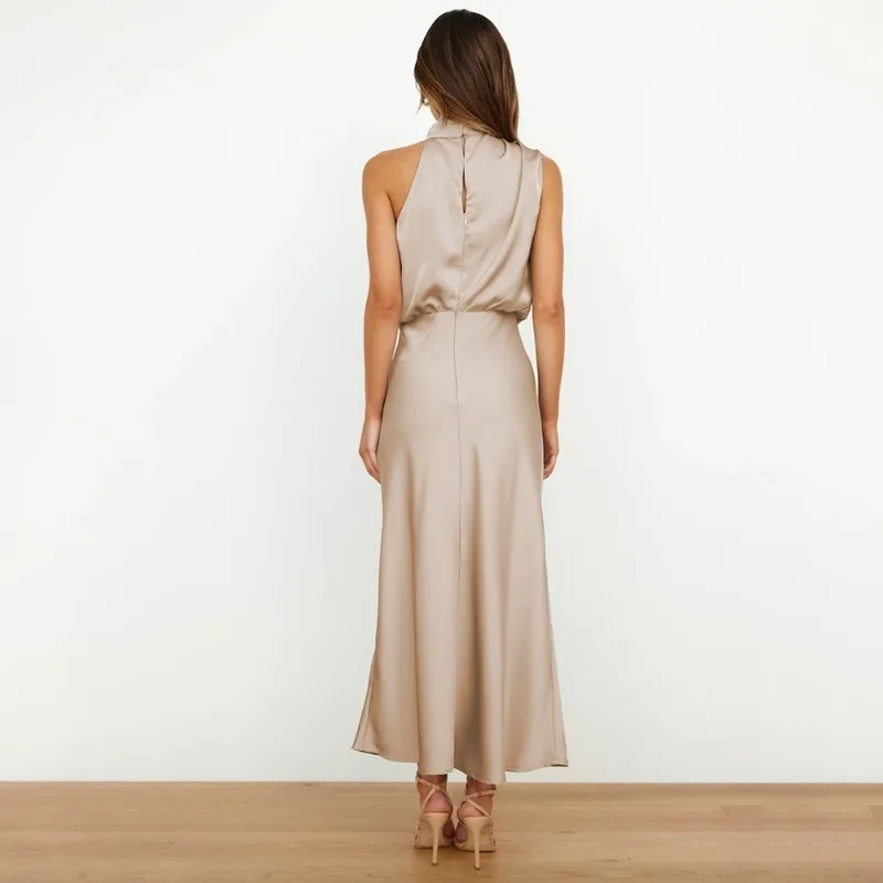 Talenza Elegant ซาตินชุดราตรีแฟชั่นแขนกุดเอวสูงชุดเดรสผู้หญิงคนดังคอชุดยาว