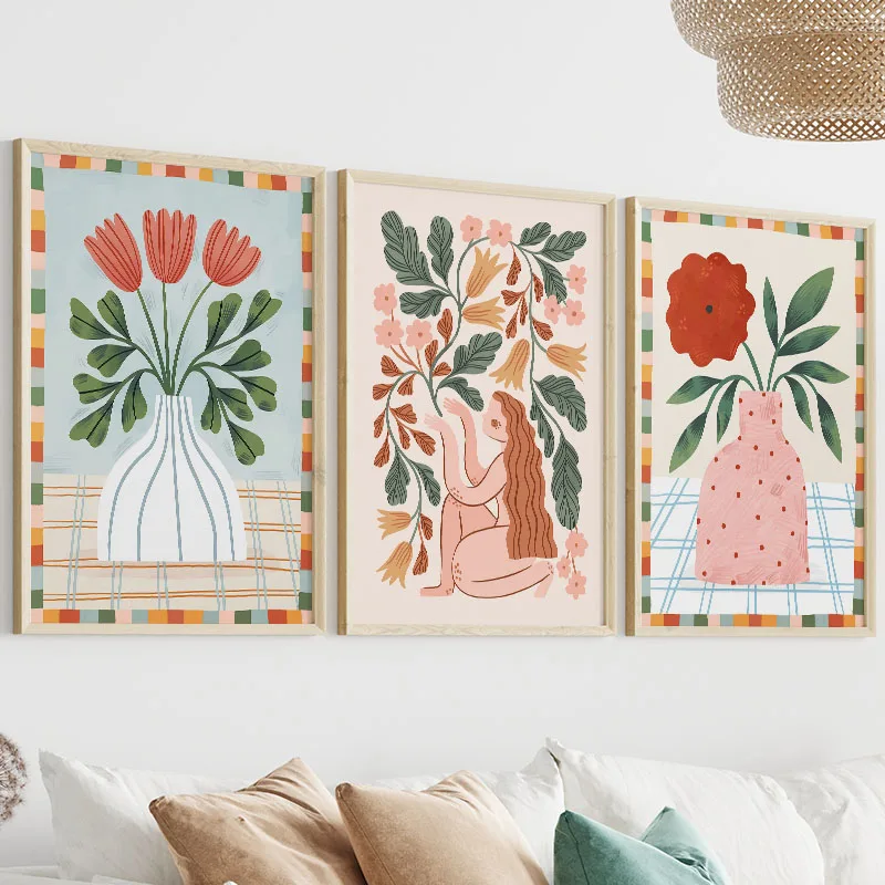 Bohemian Abstract Floral art Canvas Printing Spring Flower Plant Vase Wall Art Posters for Modern Living Room Bedroom Home Decor