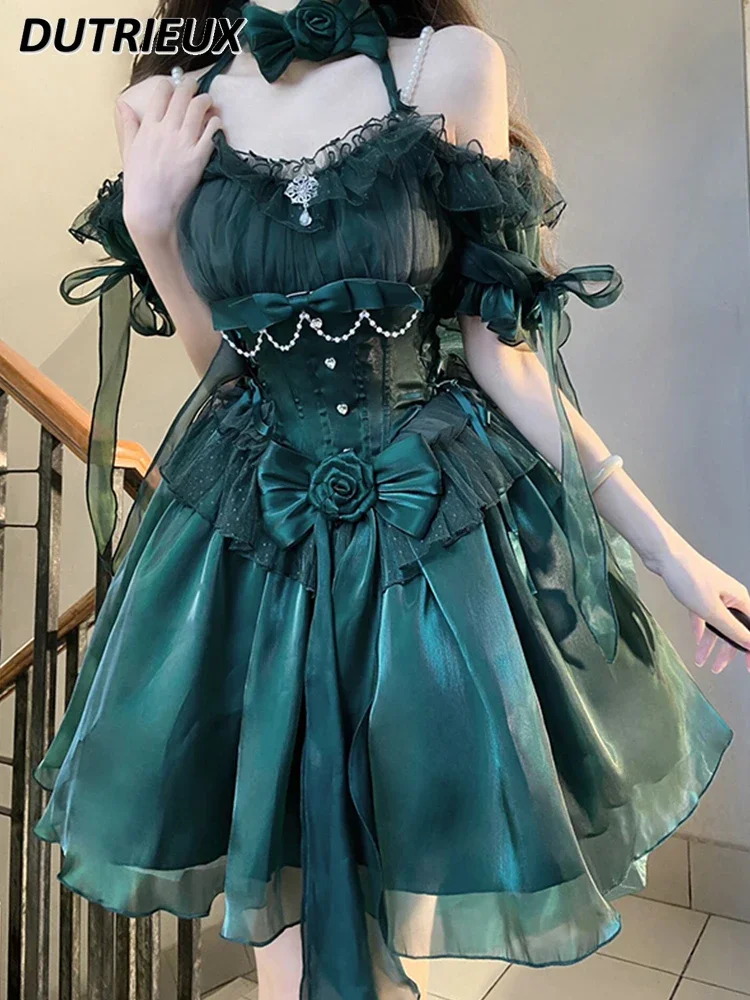 

Noble and Elegant Dark Green Lolita Off-the-shoulder Short-sleeved High-waisted Dress Sweet Princess Bow Short Dresses