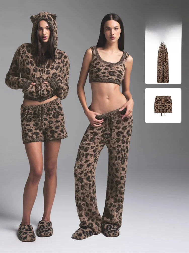 

Cisas Leopard Print Knitted Set with Zipper Top Coat Pants orts Sexy Sle Long Sve Hoodie for Women Winter Faion