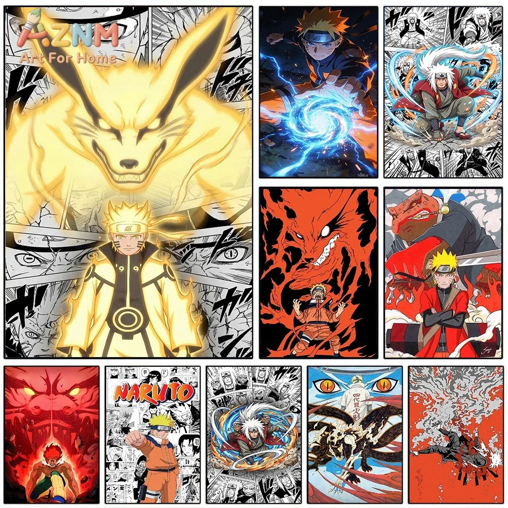 AZNM Naruto Uzumaki Six Paths Mode Nine‑Tailed Fox Canvas Wall Print, Japanese Anime Manga Comic Background Character Graphic