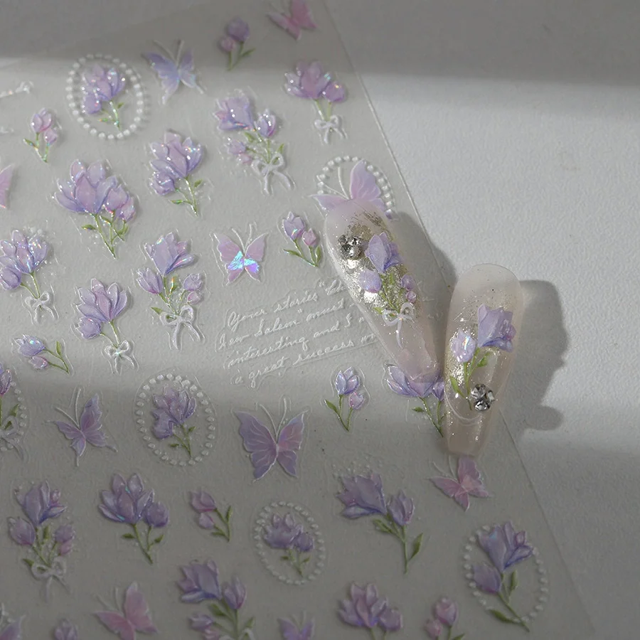 Autocollants de décoration pour ongles, décalcomanies pour ongles, fleur de Magnolia violette, rétro français Chic, nœud papillon, Bouquet de tulipes, adhésif brillant