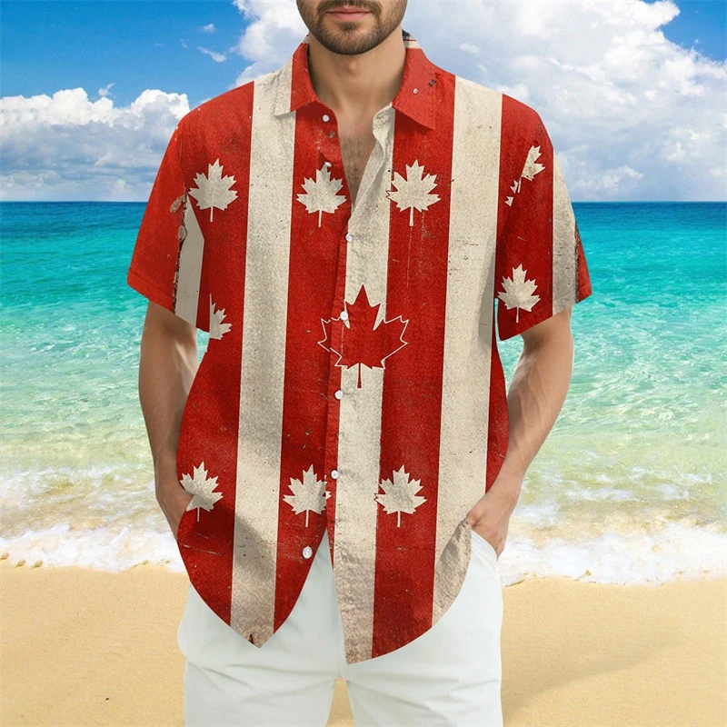 

Canadian Symbol Shirt Red Maple Leaf Retro Print Oversized Hawaiian Shirts Summer Outdoor Casual Simple Men Striped Shirts Top