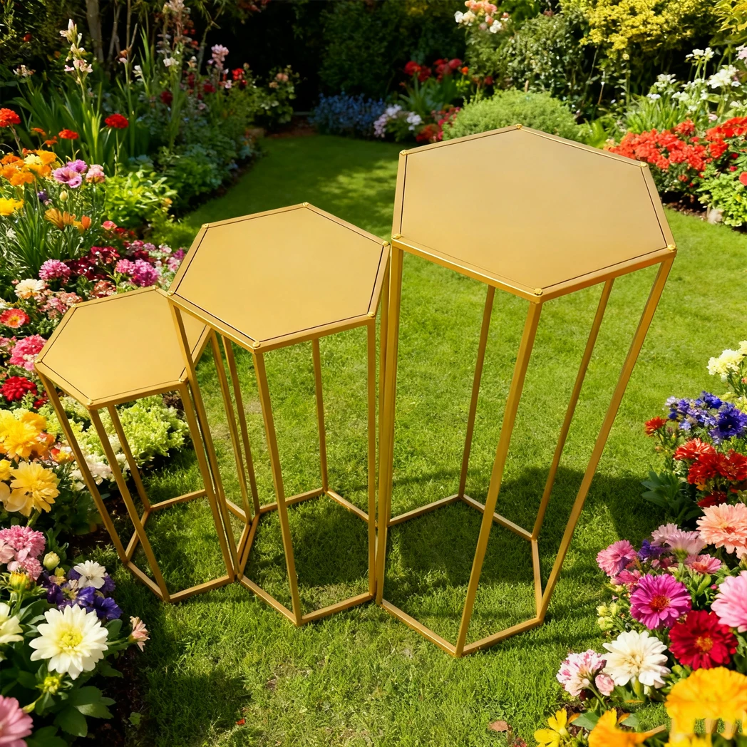 3 Pack Gold Hexagonal Cylindrical Dessert Table Stand Wedding Flower  Party Cake   Valentine's Day Decoration