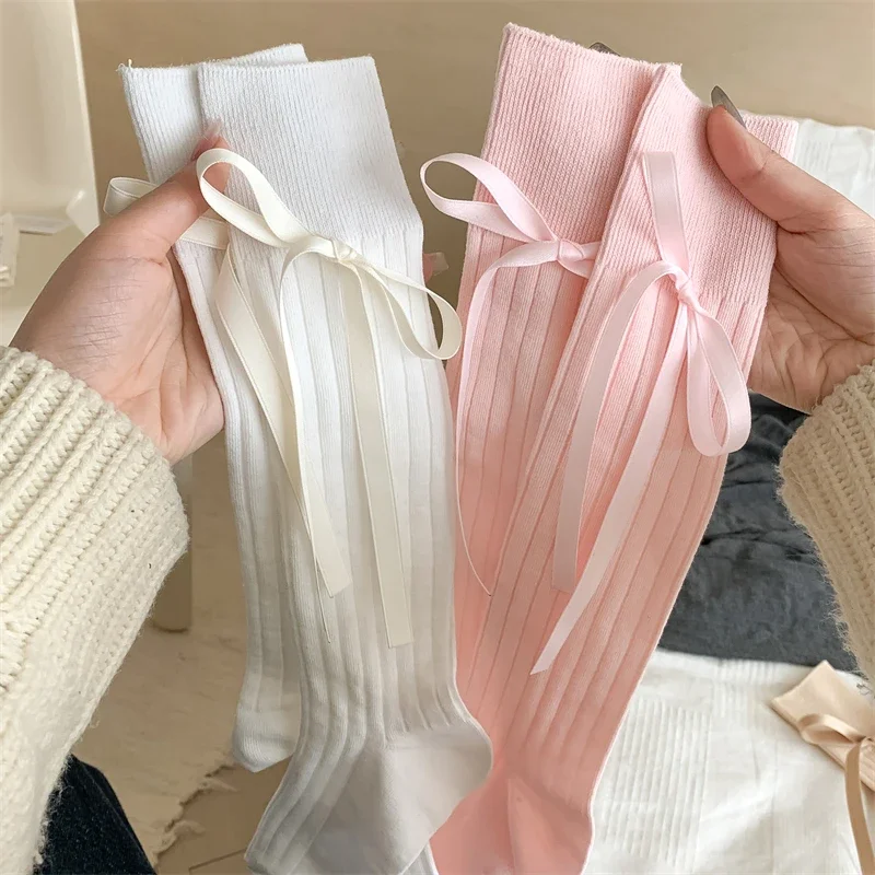 

Long Women's Socks High Quality Solid Color Bow Sweet Knee High Socks Femme Brew Thin Soft Cute Ladies Stockings Striped Comfy