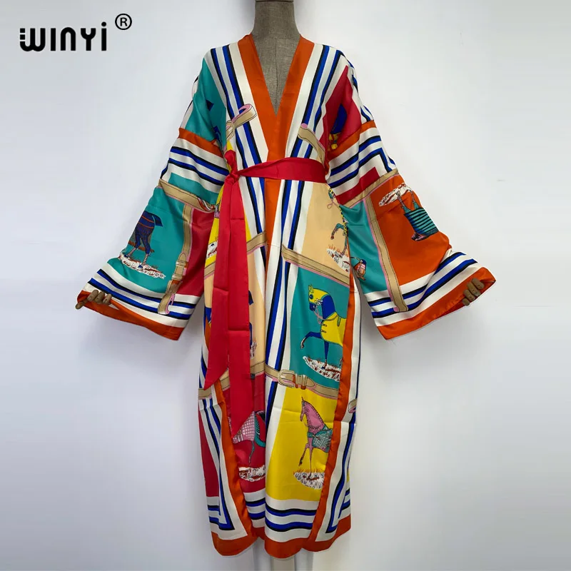 

Middle East WINYI new Muslim coat Boho Print Self Belted Front Open Long Kimono kaftan Beach Tunic Women Wrap Dresses Abaya