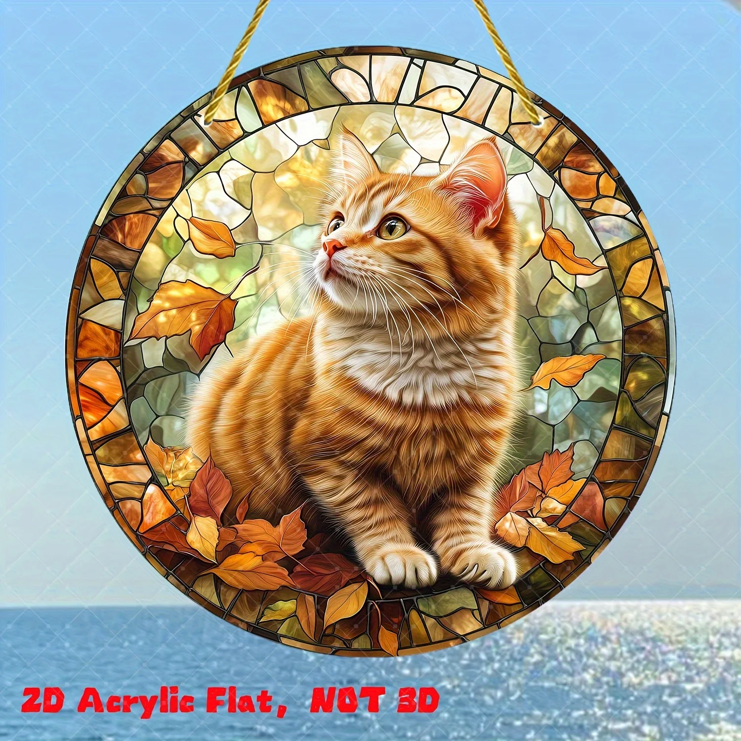 [2D Flat] Chat orange dans la splendeur de l'automne - Attrape-soleil en acrylique de 7,9 pouces, suspension ronde pour fenêtre avec motif de feuilles tombantes, idéal pour Ho