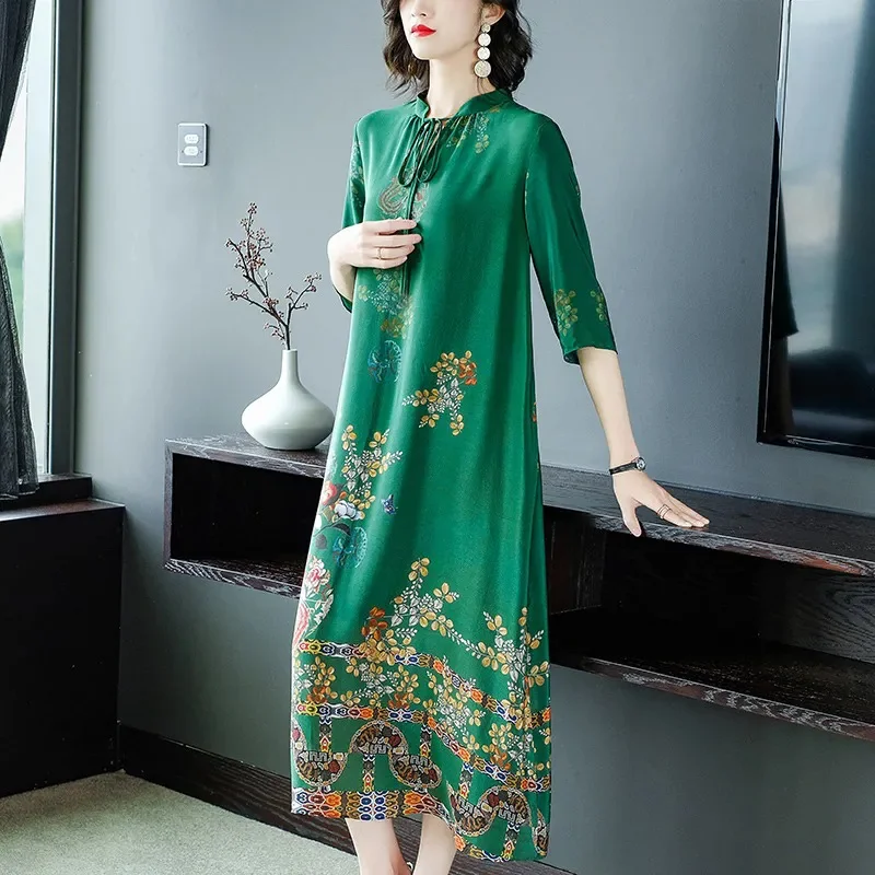 

Stand Up Collar Loose Mid Sleeve Mulberry Silk Dress Ethnic Style Loose And Slimming Women's Lce Silk Dress Print Dress Long