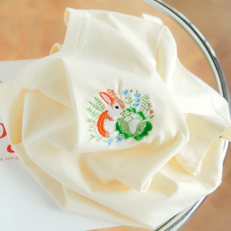 لطيف أرنب التطريز فضفاض المرأة تي شيرت 2025 جديد الربيع الصيف س الرقبة قصيرة الأكمام 100% القطن شيك بلايز عادية و تيز S-3XL