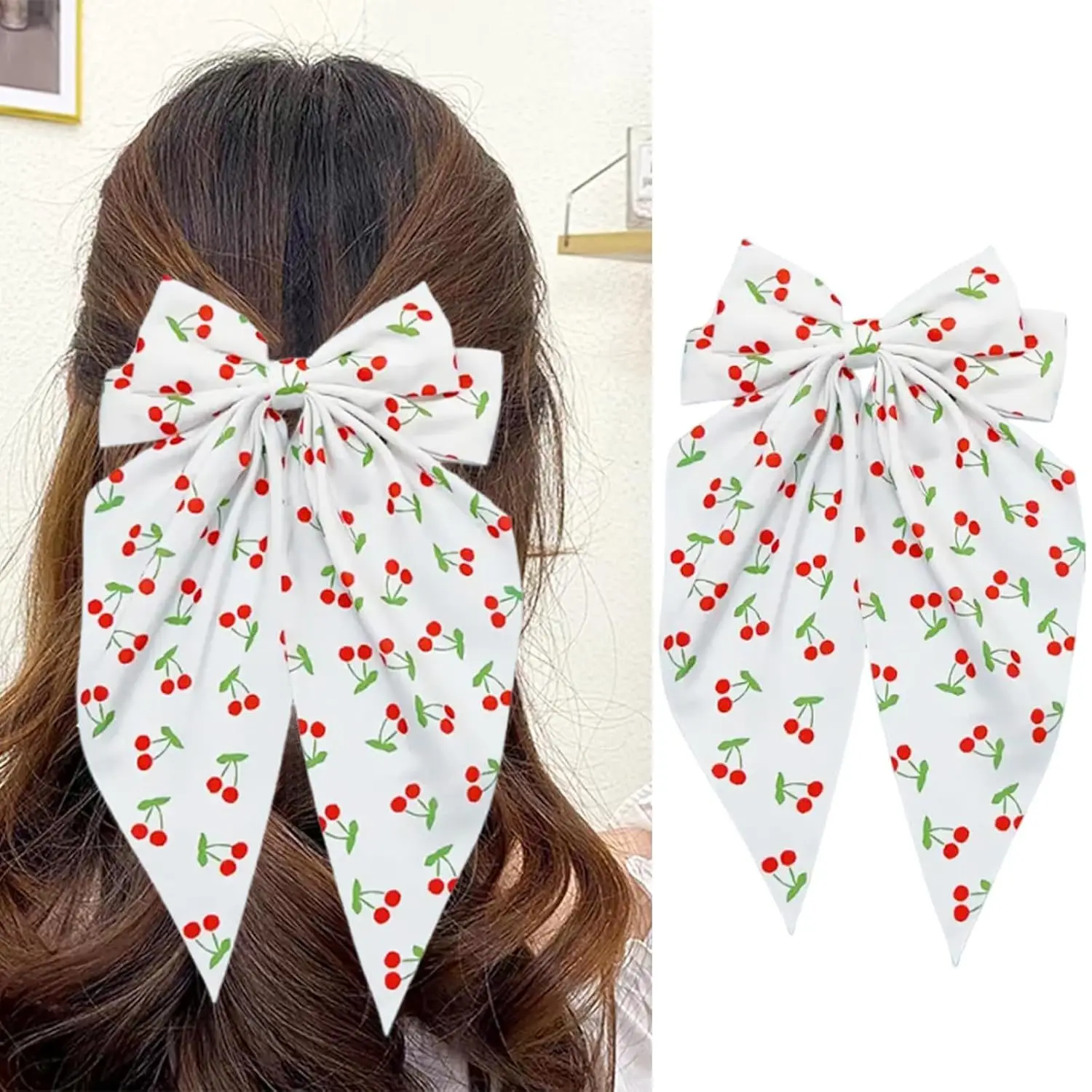 Cherry Printed Spring Hair Clip Double Layer Fabric Bow Ponytail Clip Women Girls Sweet Elegant Vacation Hair Clip Accessories