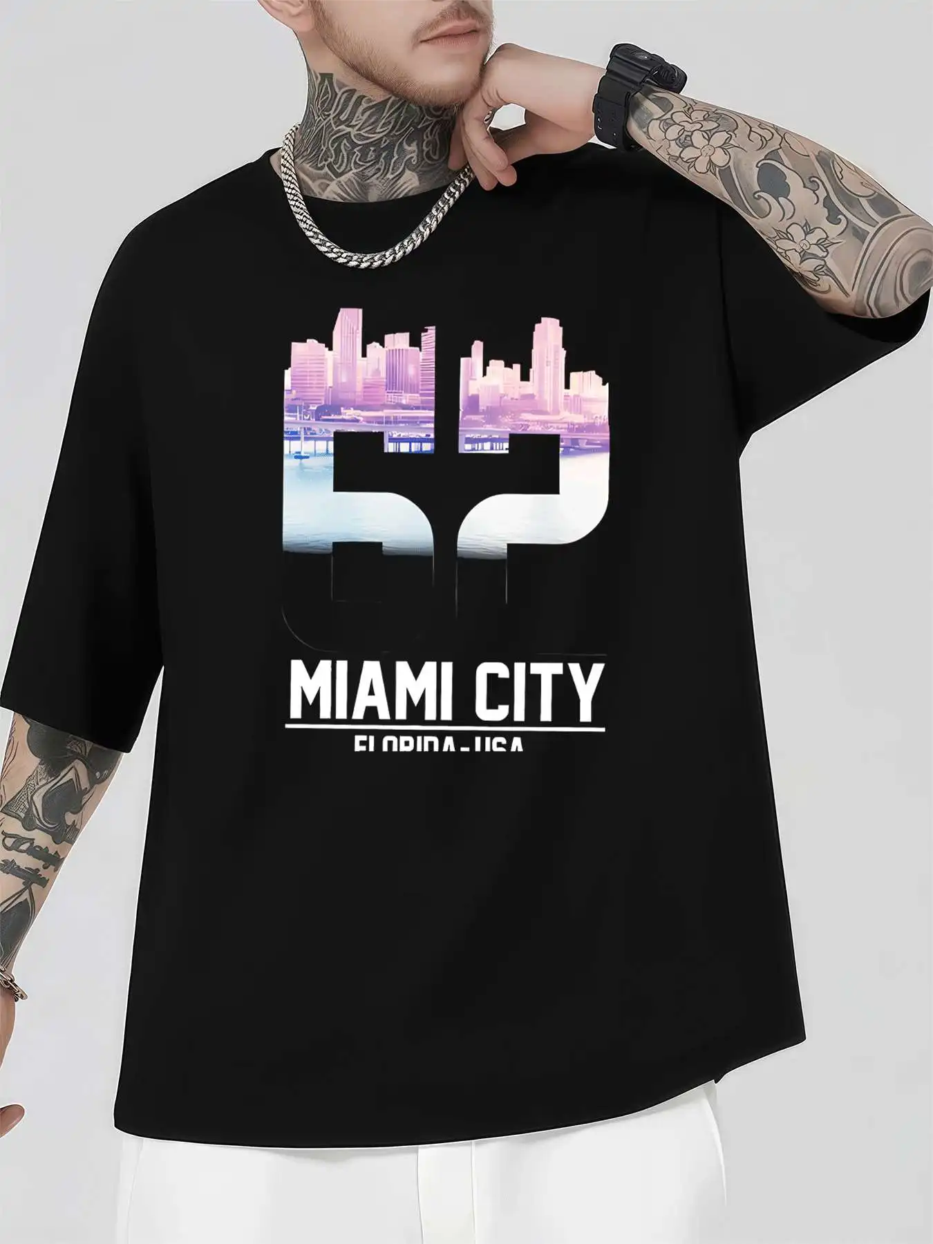 

Мужская футболка с рисунком Miami Skyline, 220 г/м2, новая летняя повседневная футболка с круглым вырезом из чистого хлопка с короткими рукавами
