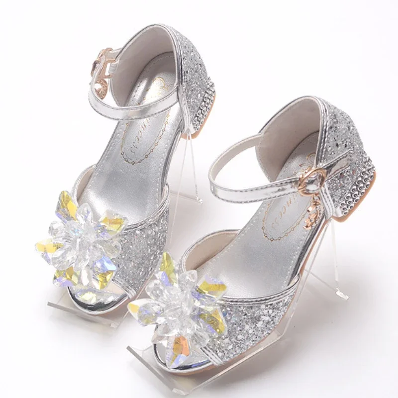 Girls Sandals Elegant Luxury Rhinestone Children High Heels Fashion Glitter Sequin Kid Princess Wedding Party Dress Single Shoes