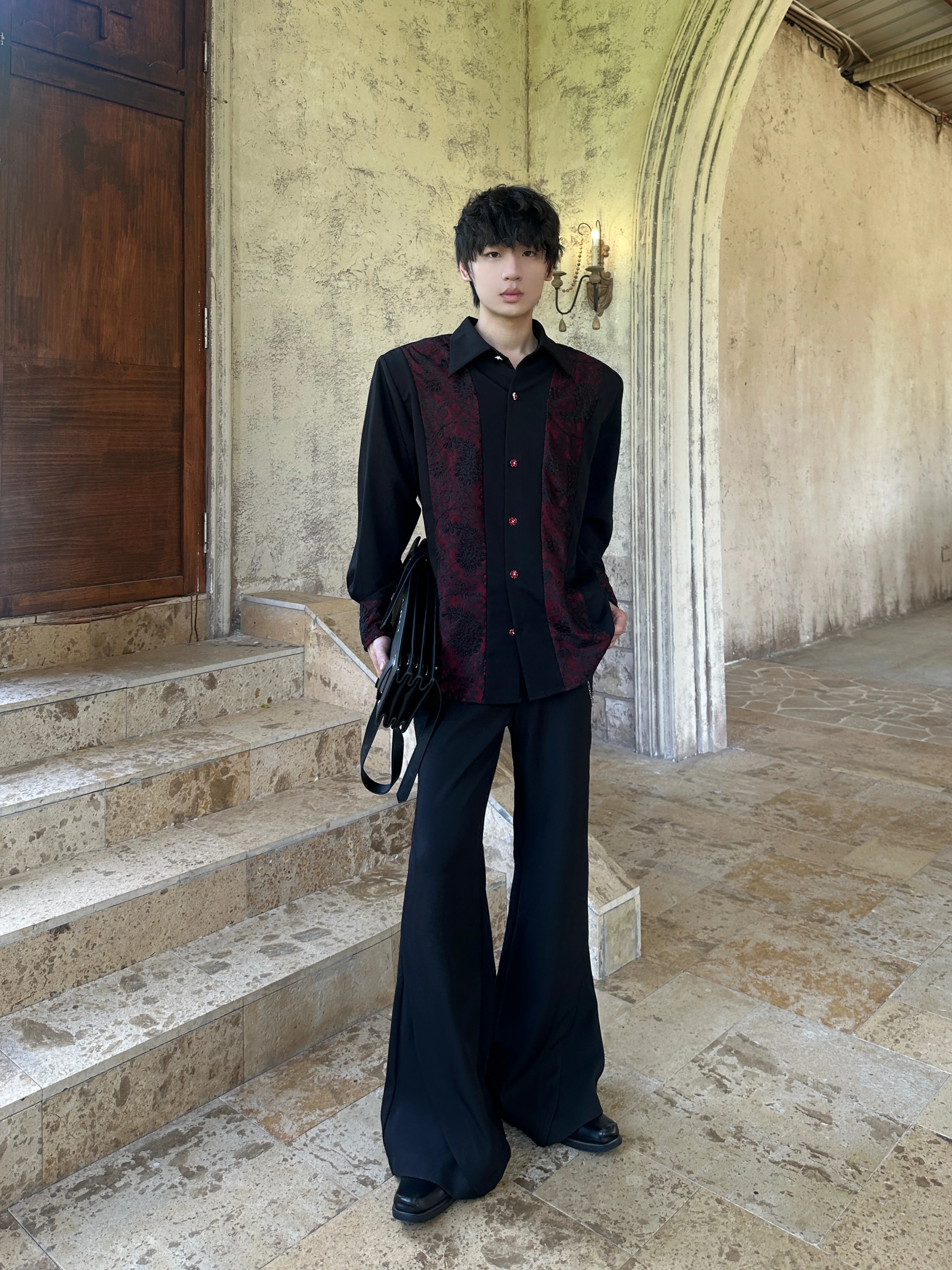MARTHENTUASR Dark Rose Pattern Lace Red Button Men's Shirt Court Style Long Sleeve Casual Loose Fit Polyester Cotton Blend
