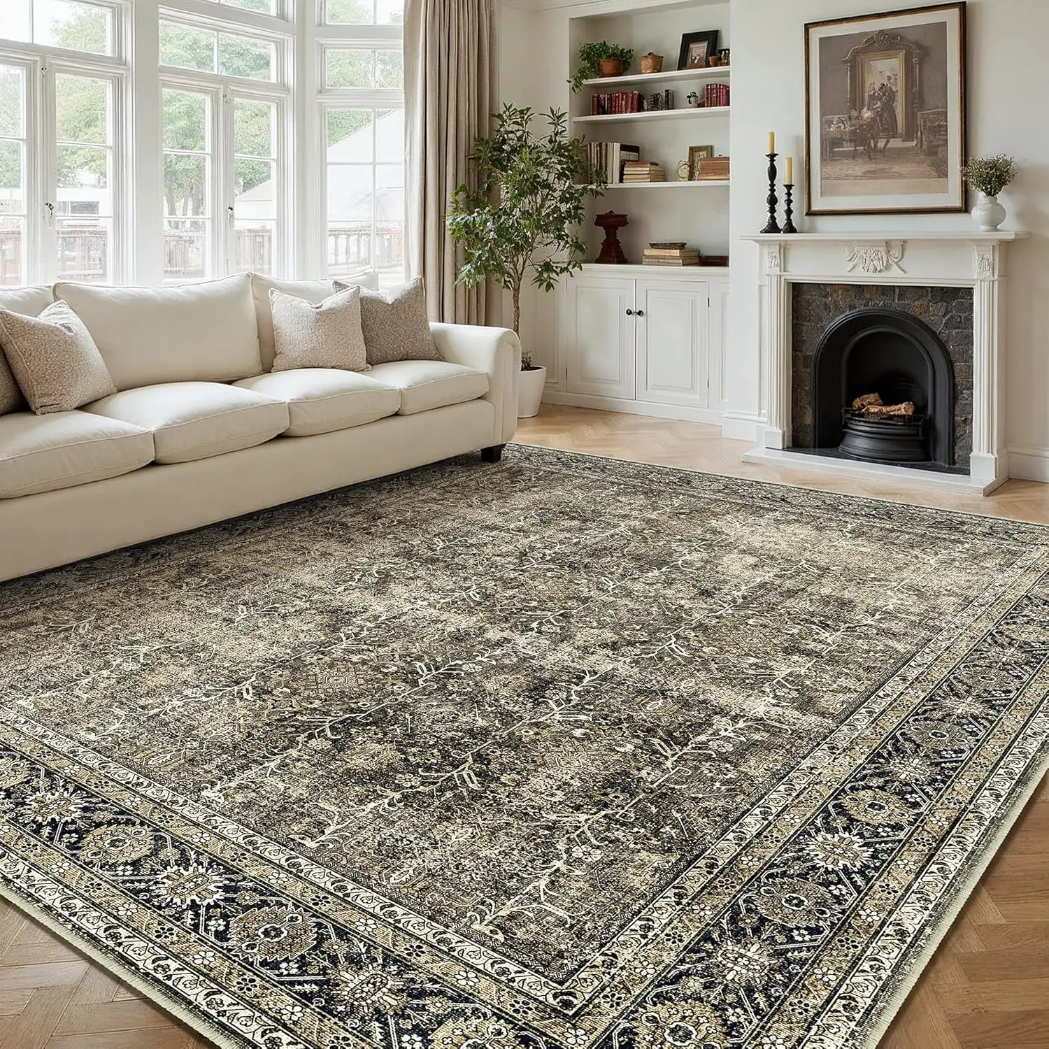 

Винтажный коврик 12x15, коричневый, моющийся, для гостиной, большой ковер, нескользящий, для спальни, в помещении, офиса, с низким ворсом, традиционный потертый Re