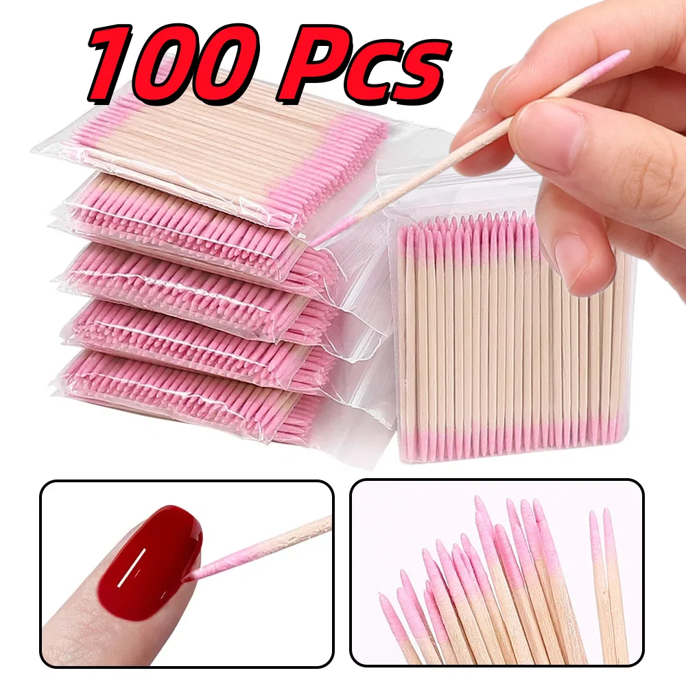 100Pcs*7cm Disposable Pink Double Head Cotton Swab Clean Sticks For Manicure Nail Polish Remover Detail Corrector Nail Art Tools