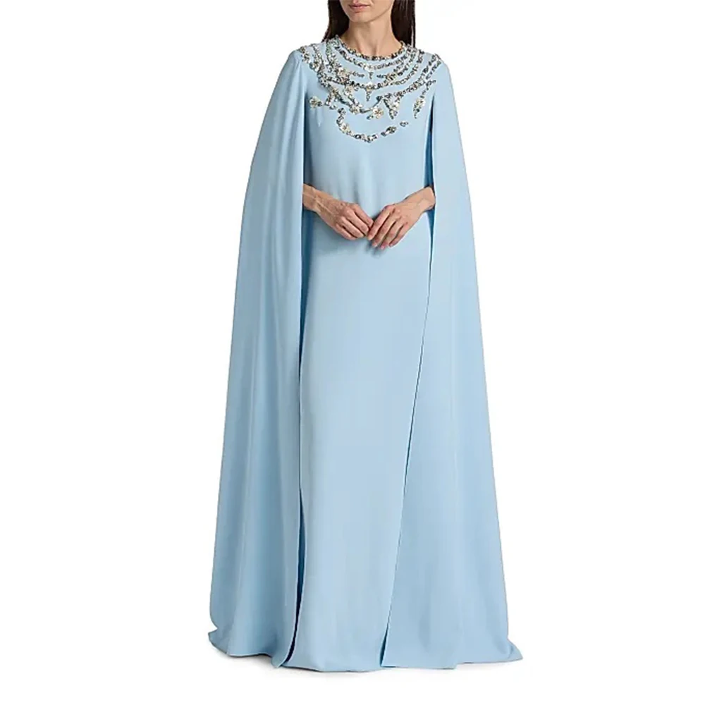 

Arya Classic Sky Blue Evening Dresses Jersey for Floor-Length O-Neck Prom Dress Crystal Bow Vestidos De Fiesta Customized