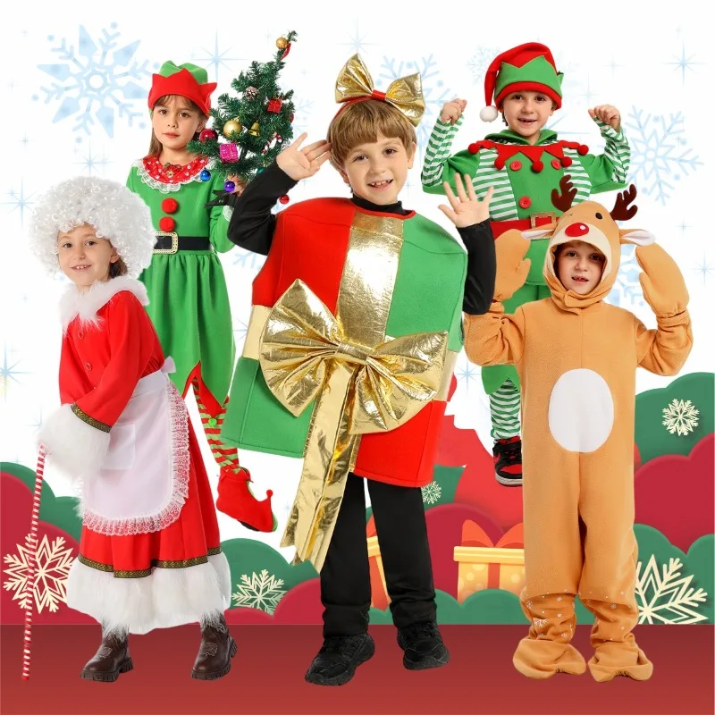 

Детский рождественский костюм, наряд с оленями, праздничное платье, подарочная коробка, карнавальное шоу, косплей, униформа для мальчиков и девочек