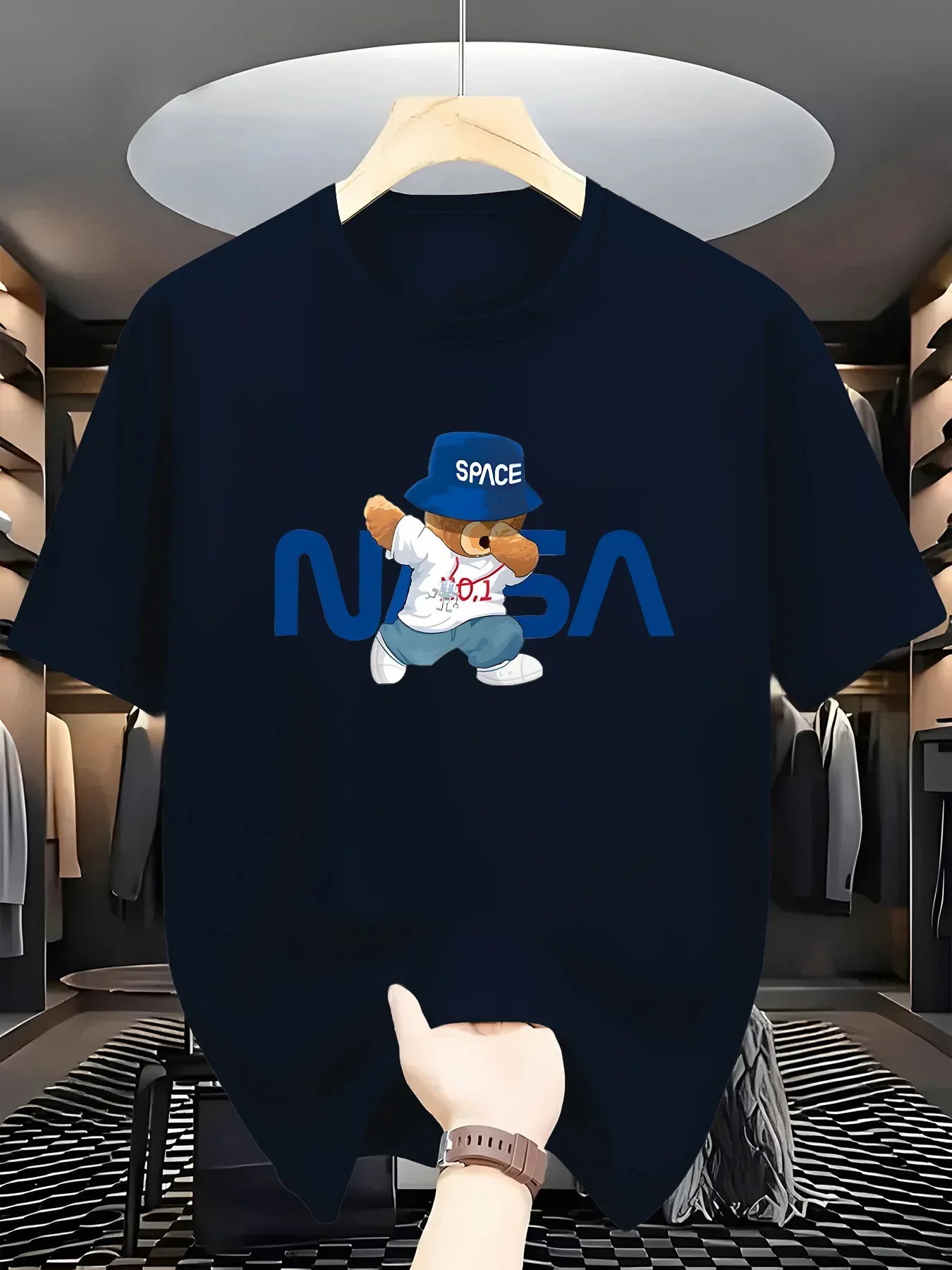 الصيف الوالدين والطفل 100% القطن موضة عادية رياضية فضفاضة ناسا منقوشة مطبوعة الرياضة الجولة الرقبة قصيرة الأكمام تي شيرت #2