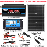 12V to 110V/220V Solar Power System 18V 18W Solar Panel 30A Charge Controller 4000W Car Inverter Complete Power Generation Kit