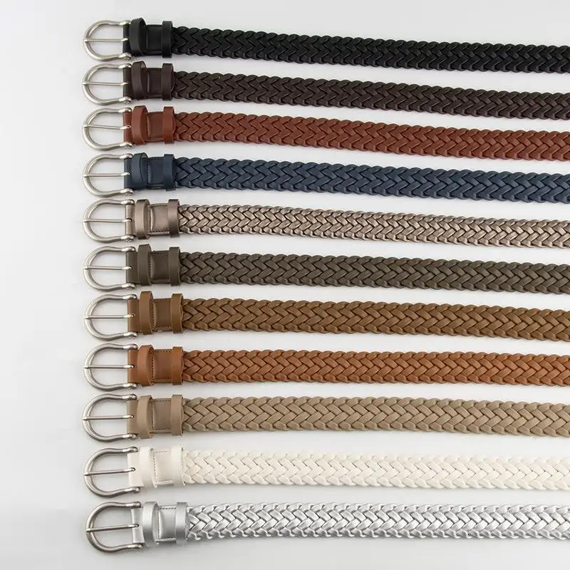 Western PU Sheep Braided Silver Pin Buckle Women Belt Fashion Woven Belt with Jeans Causal Pants
