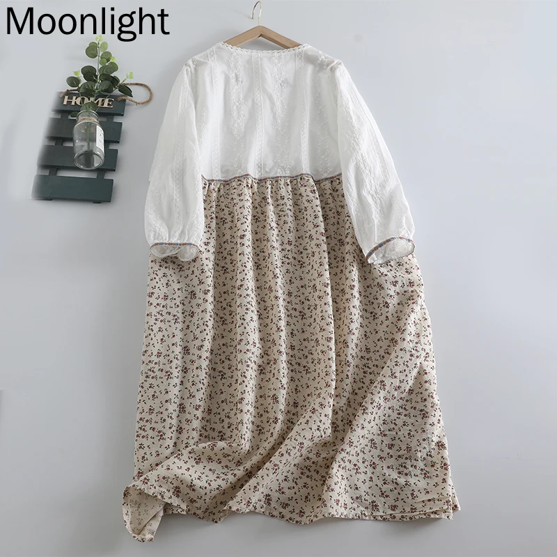 Mori Girl Floral Print Cotton Dresses Autunmn Japanese Sweet O-Neck Long Sleeve Loose Dress Vintage Embroidery Female Vestidos