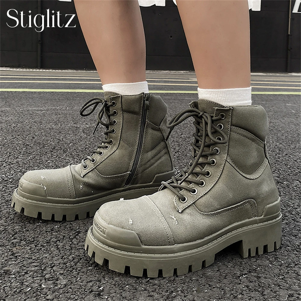 Army Green Canvas Motorcycle Boots Punk Style Lace up Ankle Boots Designer Style Fashion Handmade Platform Modern Boots for Men