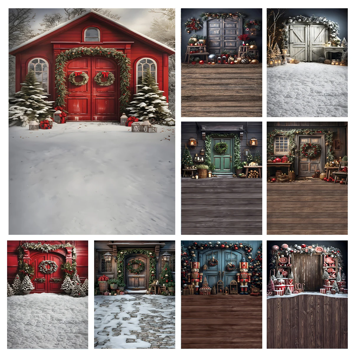 

Rural Courtyard Snow Photography Backdrop Kids Family Portrait Photo Background Christmas Vintage Wooden Door Photo Studio Props