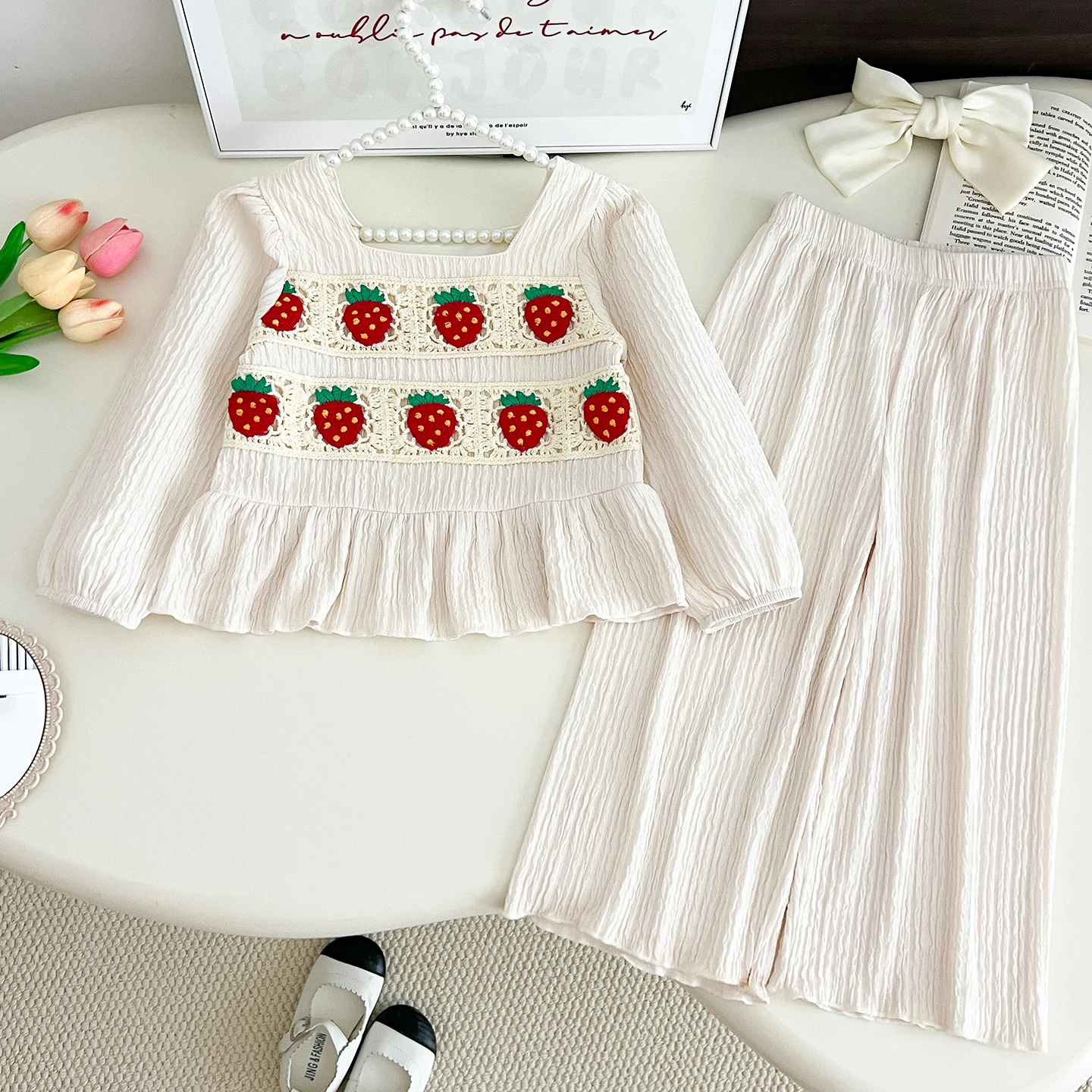 Girls Clothing Sets Spring New Strawberry Hook Flower Square Neck Long Sleeved Top+Wide Leg Pants 2-piece Set