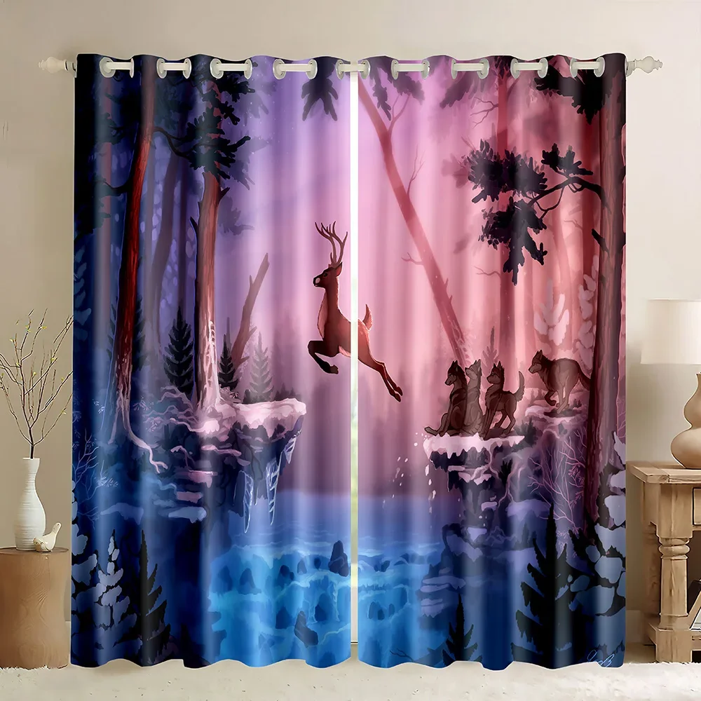 Deer Window Curtain,Wildlife Deer Safair in Small Lake at Forest in Autumn Kitchen Valances Blackout Curtains for Living Room