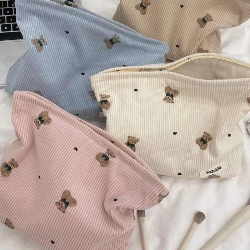 

Corduroy Women Cosmetics Bag Female Makeup Storage Lipstick Pouch Travel Organizer for Cosmetics 2026 Cartoon Print Bear Zipper