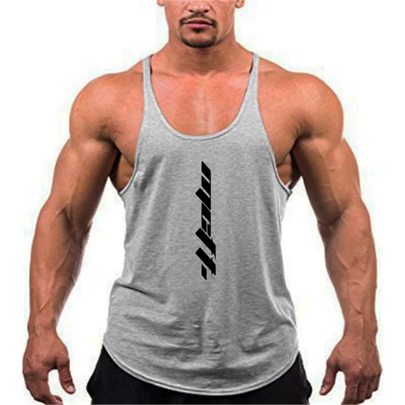 Men's Gym Tank Top Minimalist Vertical Print Breathable Cotton Stringer Vest For Bodybuilding Workout Training