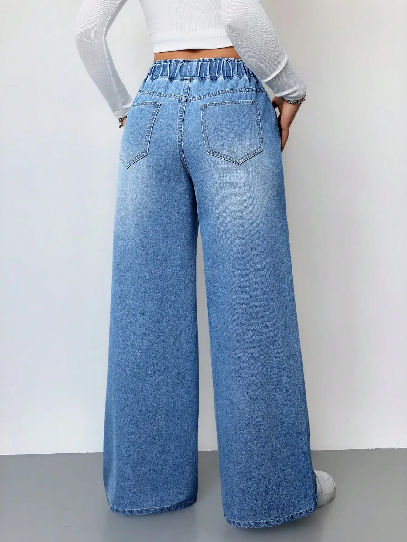 Women's Jeans Casual High Waist Wide Leg Trousers Blue Summer Clothing Elastic Waistband Loose Straight Pants Tall Women
