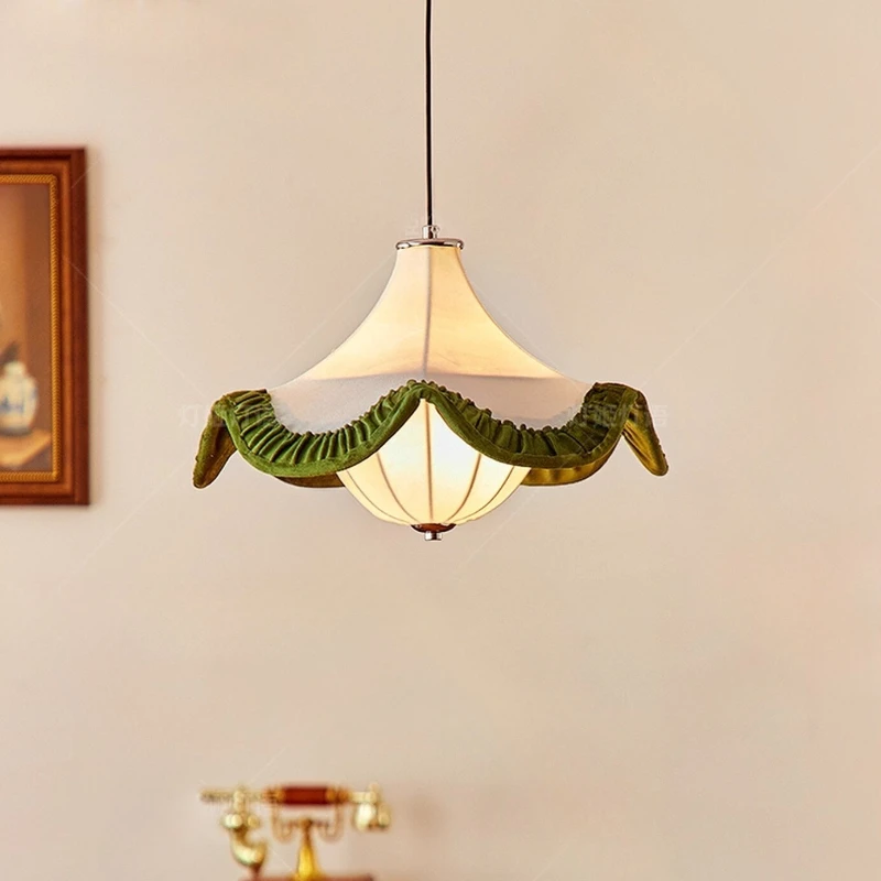 French White Fabric Ceiling Pendant Lights Green Fold Lace Chandelier Retro Living Room Kitchen Bedroom Restaurant Hanging Lamps