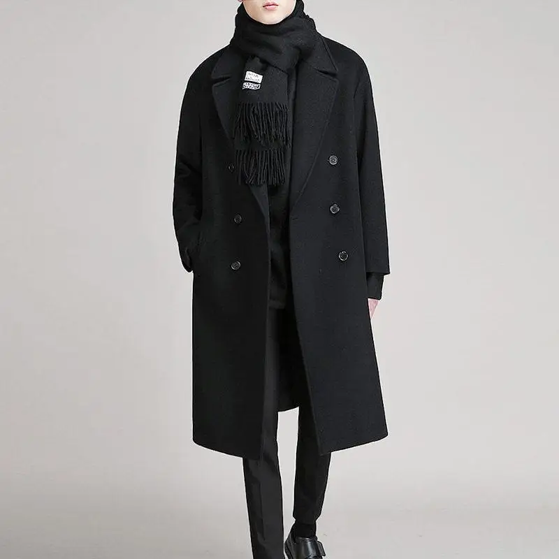 

Double-Sided Velvet Thickened Winter Coat Long Over-Knee Korean Style Fashion Slim Fit Men's Woolen Coat PU Material