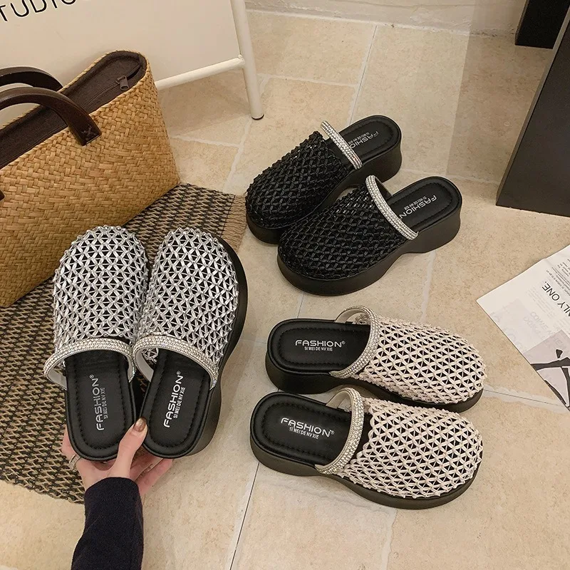 Sandalias de Plataforma con Cristales para Mujer, Pantuflas de Malla, Sandalias Planas Casuales, Tendencia Verano 2026, Sandalias de Vestir Cómodas con Plataforma, Talla 35