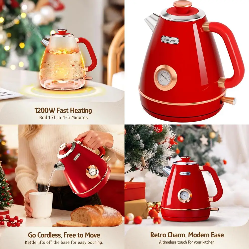 

1.7L Stainless Steel Electric Tea Kettle with Thermometer, Fast Boil 1200W, BPA-free, Cordless, Auto Shut Off, Ruby Red