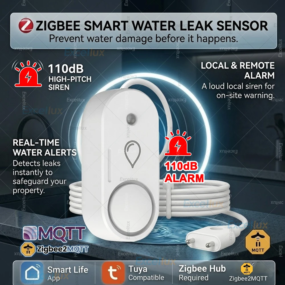 

Zigbee Water Leak Detector with 110dB Siren Alarm Probe Flood Sensor Smart Life APP Remote Alert Support Tuya Z2M Need Gateway
