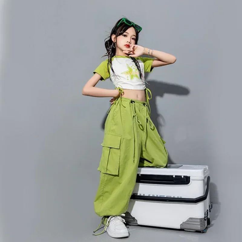 Kinder Straße Kpop Outfits Hip Hop Kleidung Schwarz Crop Tops T-shirt Casual Tasche Cargo Hosen für Mädchen Jazz Dance Kostüm Kleidung