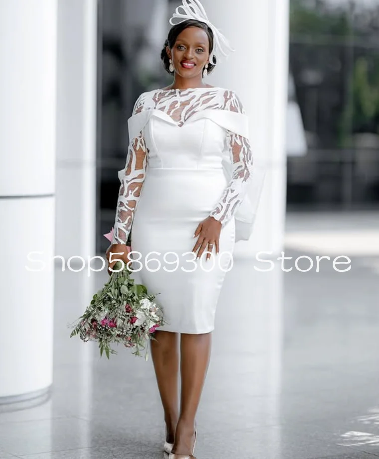 

Little Whtie Dress Short Beach Wedding Dresses Long Sleeve Lace Applique Aso Ebi African Garden Bridal Gown Cutomsized
